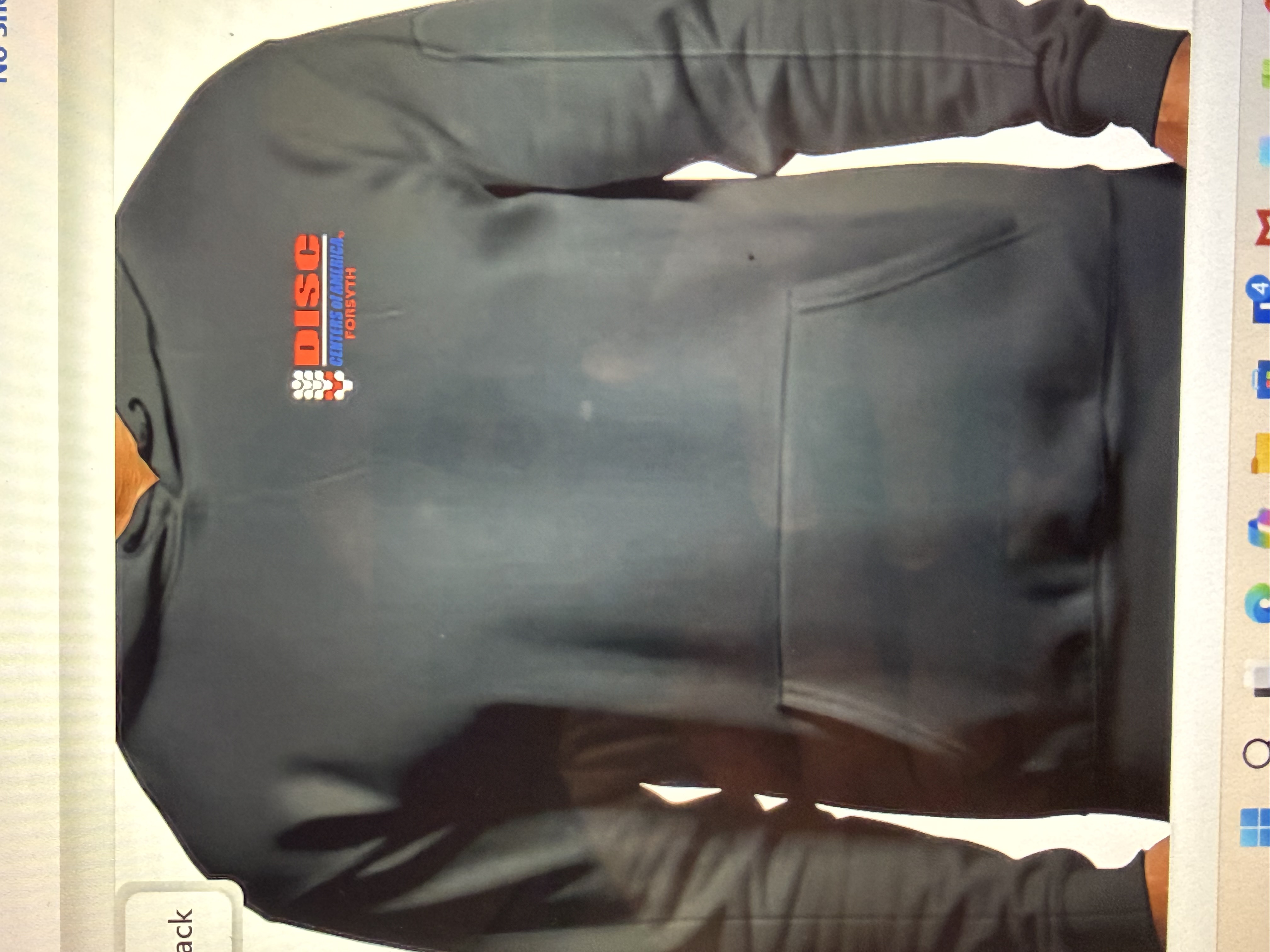 Project preview of the front of a dark pullover hoodie with a small red, blue, and white DISC Centers of America Forsyth logo on the chest.