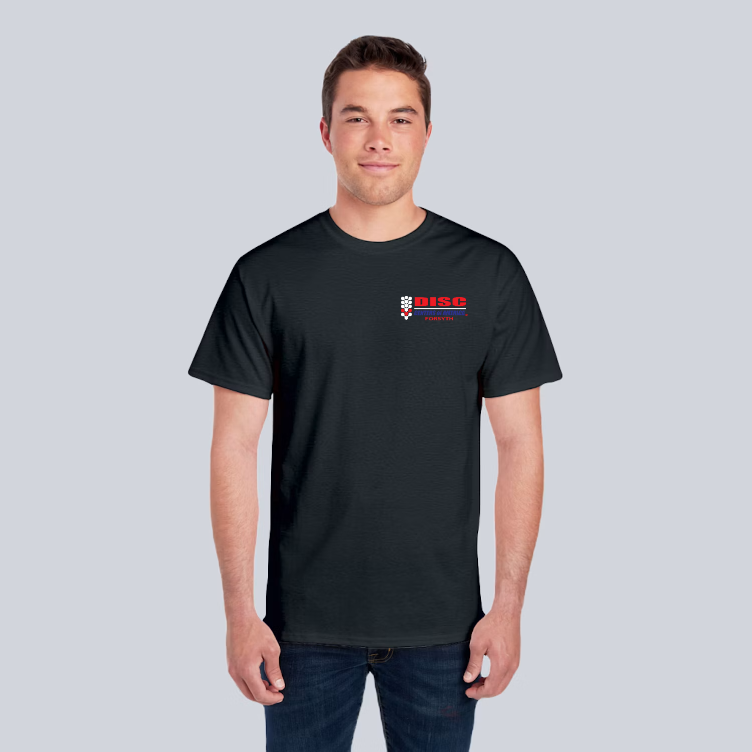Shirt front project preview with a DISC Centers of America Forsyth chest logo.