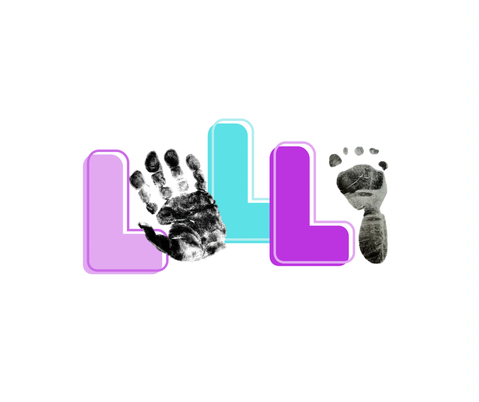 Keepsake shirt artwork with purple and turquoise lettering and a grandchild's actual handprint and footprint.