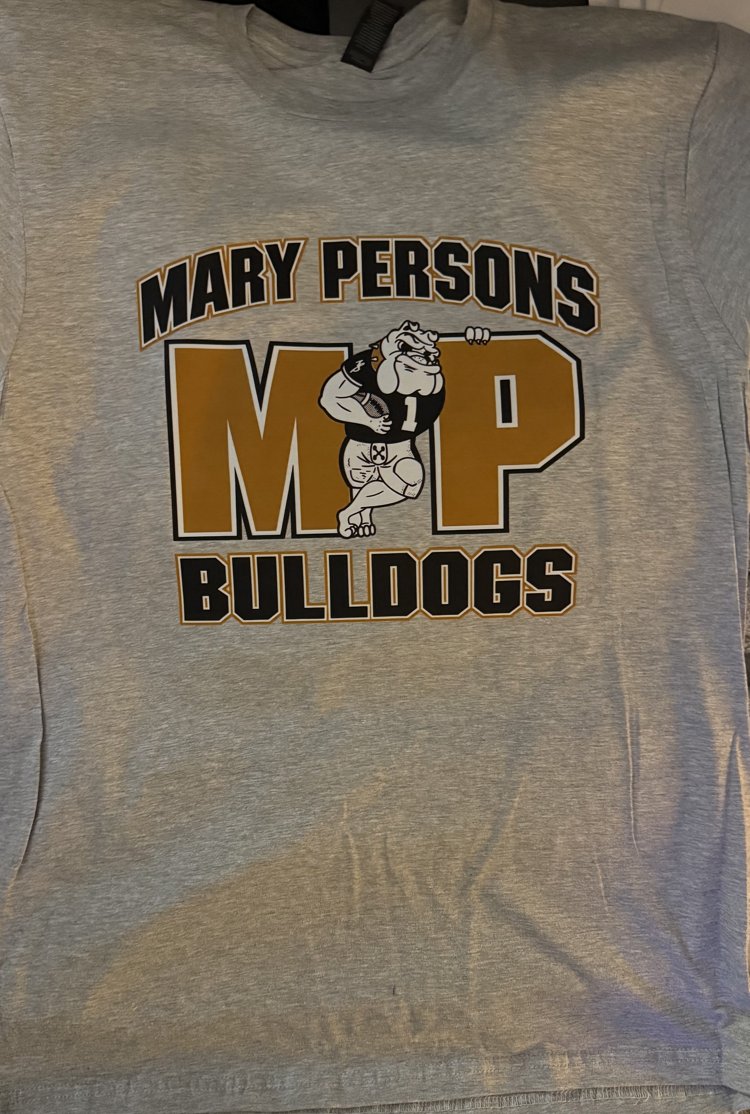 Gray shirt replicated by Crab Apple Orchards Customs with Mary Persons lettering, gold MP initials, and a bulldog mascot.